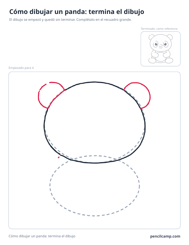 Ficha para terminar el dibujo: el dibujo de un panda parado en la fase 3 de 9 en un recuadro grande, con la versión terminada en pequeño arriba a la derecha
