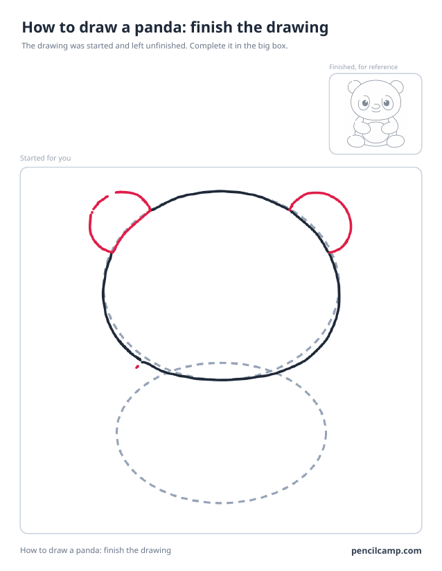 Finish the drawing worksheet: a panda stopped at stage 3 of 9 in a large box, the finished version small in the top right corner