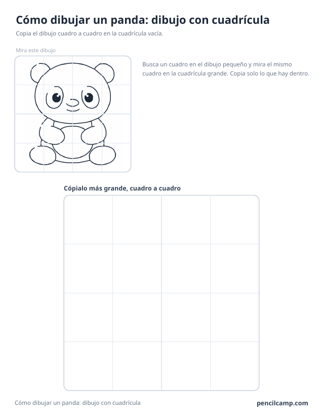 Ficha de cuadrícula: el dibujo de un panda bajo una cuadrícula de 4 por 4, en 16 de los 16 cuadros, y debajo una cuadrícula grande vacía