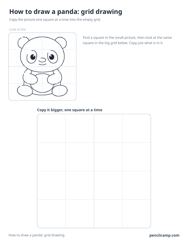 Grid drawing worksheet: a panda under a 4 by 4 grid, touching 16 of the 16 squares, above a larger empty grid