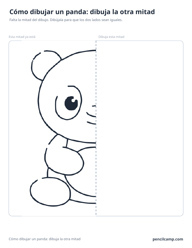 Ficha de simetría: la mitad izquierda del dibujo de un panda junto a una línea de espejo discontinua y la mitad derecha en blanco