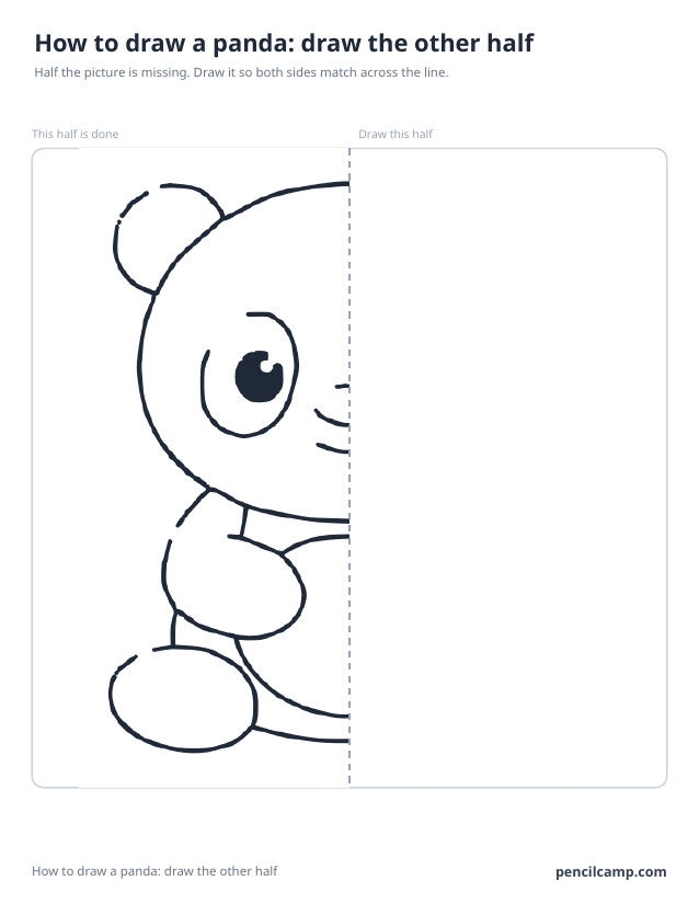 Symmetry worksheet: the left half of a panda beside a dashed mirror line, the right half left blank