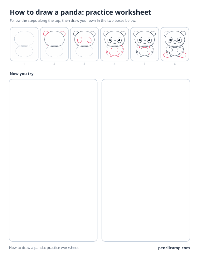 How to draw worksheet for a panda: six of its nine stages along the top, then two empty boxes to draw it in