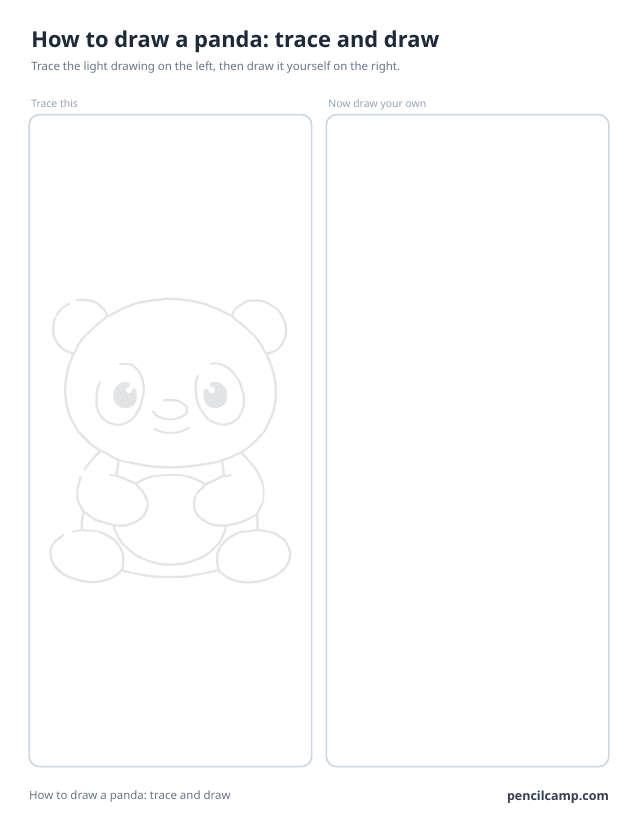 Trace and draw sheet: a panda printed in faint grey on the left, an empty box of the same size on the right