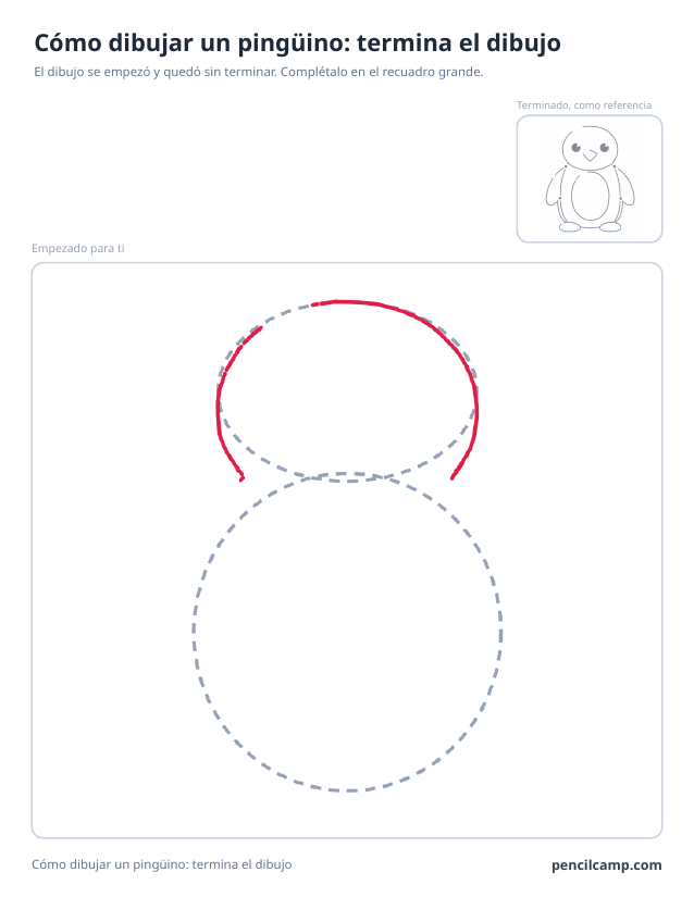 Ficha para terminar el dibujo: el dibujo de un pingüino parado en la fase 2 de 7 en un recuadro grande, con la versión terminada en pequeño arriba a la derecha