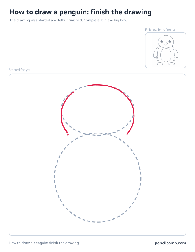 Finish the drawing worksheet: a penguin stopped at stage 2 of 7 in a large box, the finished version small in the top right corner