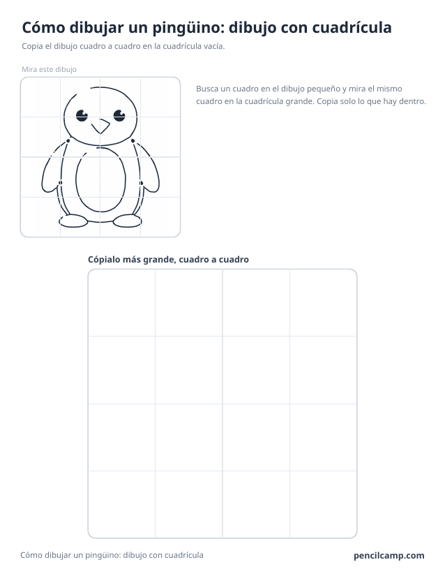 Ficha de cuadrícula: el dibujo de un pingüino bajo una cuadrícula de 4 por 4, en 14 de los 16 cuadros, y debajo una cuadrícula grande vacía
