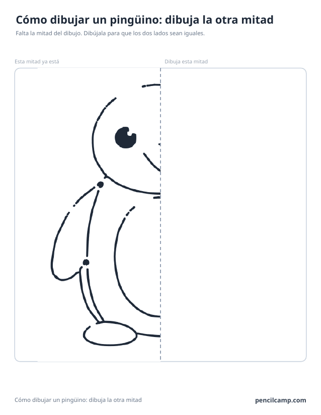 Ficha de simetría: la mitad izquierda del dibujo de un pingüino junto a una línea de espejo discontinua y la mitad derecha en blanco