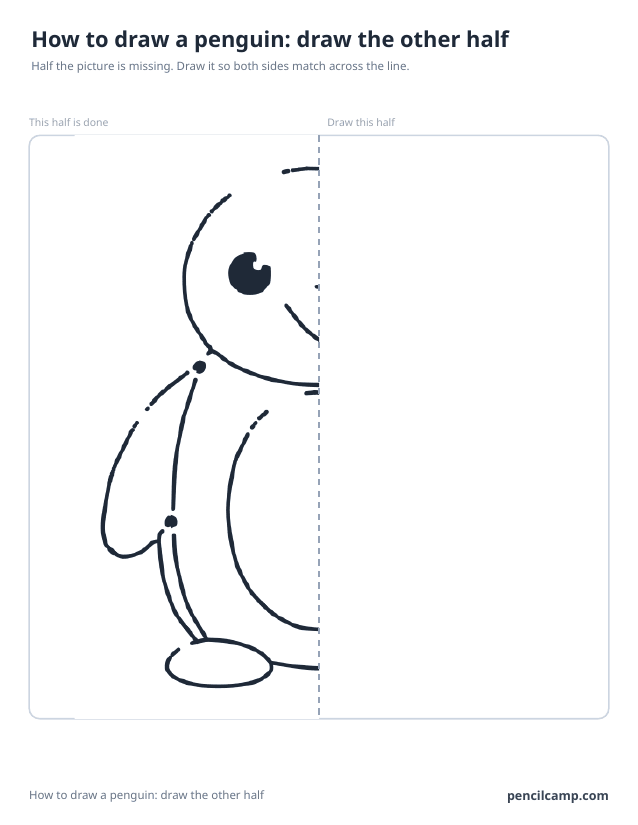 Symmetry worksheet: the left half of a penguin beside a dashed mirror line, the right half left blank