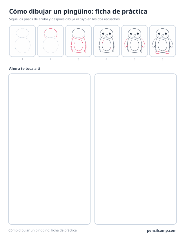 Ficha de pasos de un pingüino: seis de sus siete fases en la parte de arriba y dos recuadros vacíos para practicar