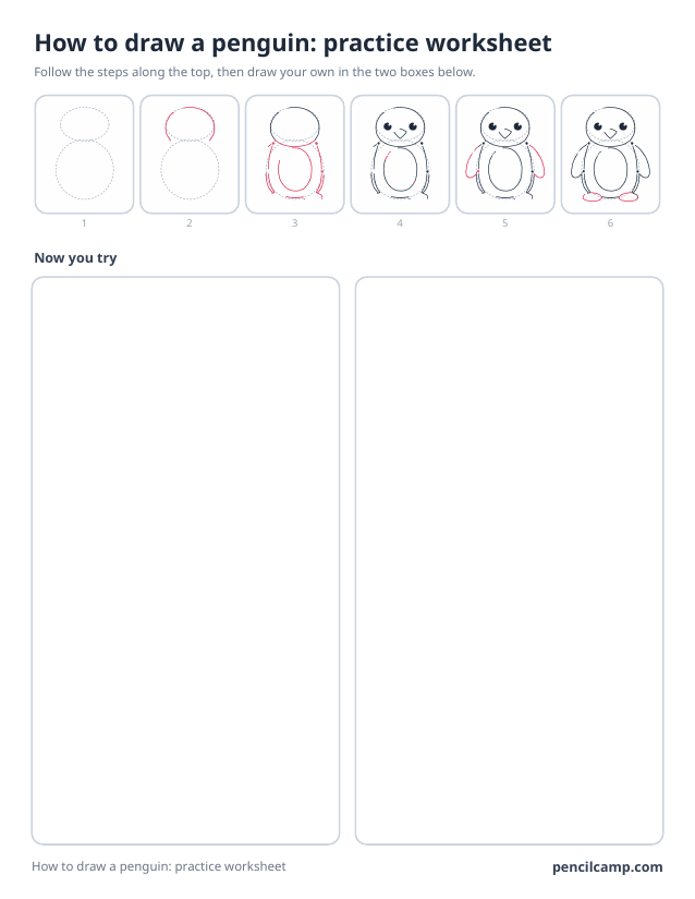 How to draw worksheet for a penguin: six of its seven stages along the top, then two empty boxes to draw it in