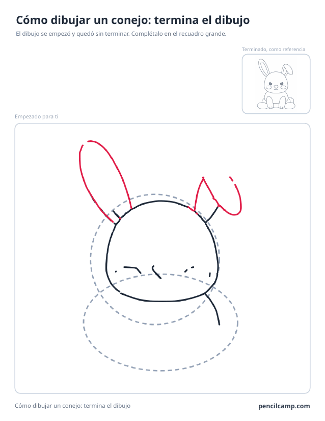 Ficha para terminar el dibujo: el dibujo de un conejo parado en la fase 3 de 8 en un recuadro grande, con la versión terminada en pequeño arriba a la derecha