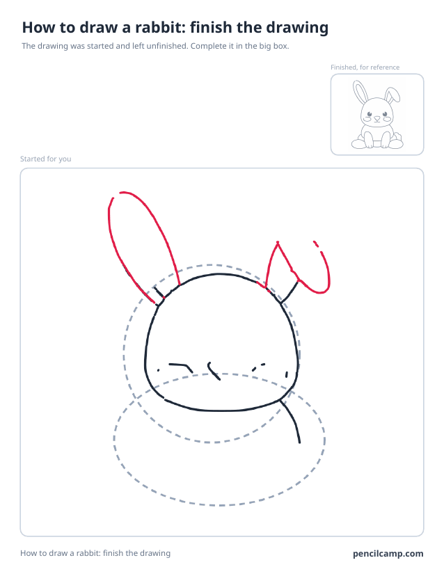Finish the drawing worksheet: a rabbit stopped at stage 3 of 8 in a large box, the finished version small in the top right corner