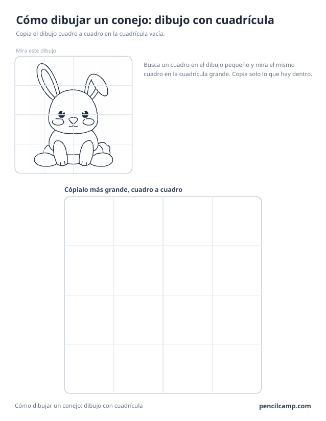 Ficha de cuadrícula: el dibujo de un conejo bajo una cuadrícula de 4 por 4, en 14 de los 16 cuadros, y debajo una cuadrícula grande vacía
