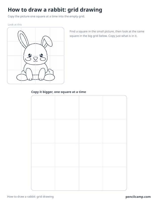 Grid drawing worksheet: a rabbit under a 4 by 4 grid, touching 14 of the 16 squares, above a larger empty grid