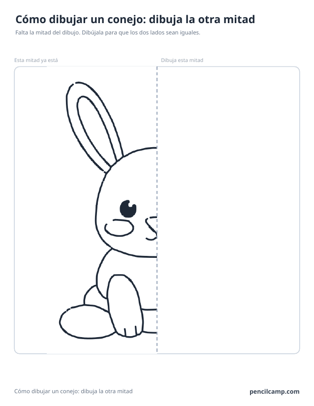 Ficha de simetría: la mitad izquierda del dibujo de un conejo junto a una línea de espejo discontinua y la mitad derecha en blanco