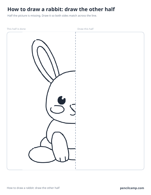 Symmetry worksheet: the left half of a rabbit beside a dashed mirror line, the right half left blank