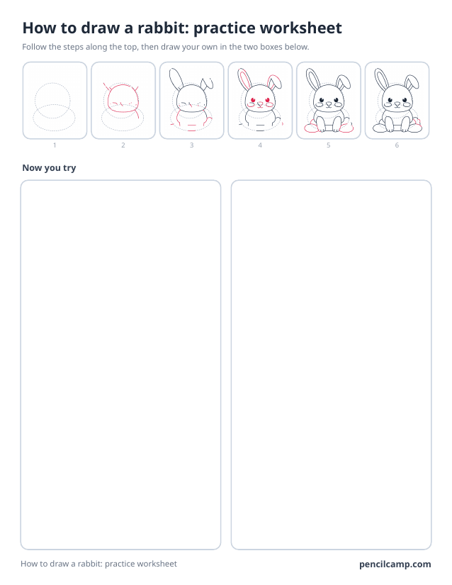 How to draw worksheet for a rabbit: six of its eight stages along the top, then two empty boxes to draw it in