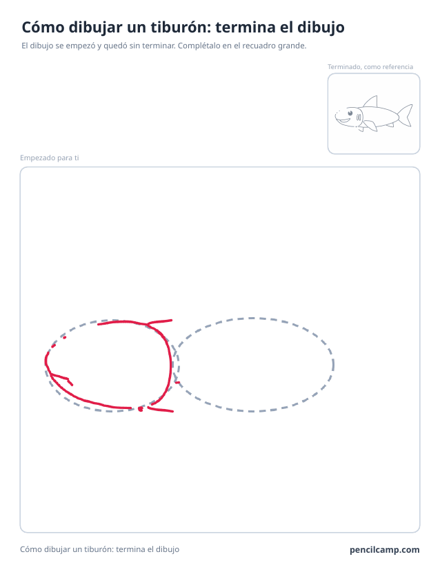 Ficha para terminar el dibujo: el dibujo de un tiburón parado en la fase 2 de 7 en un recuadro grande, con la versión terminada en pequeño arriba a la derecha