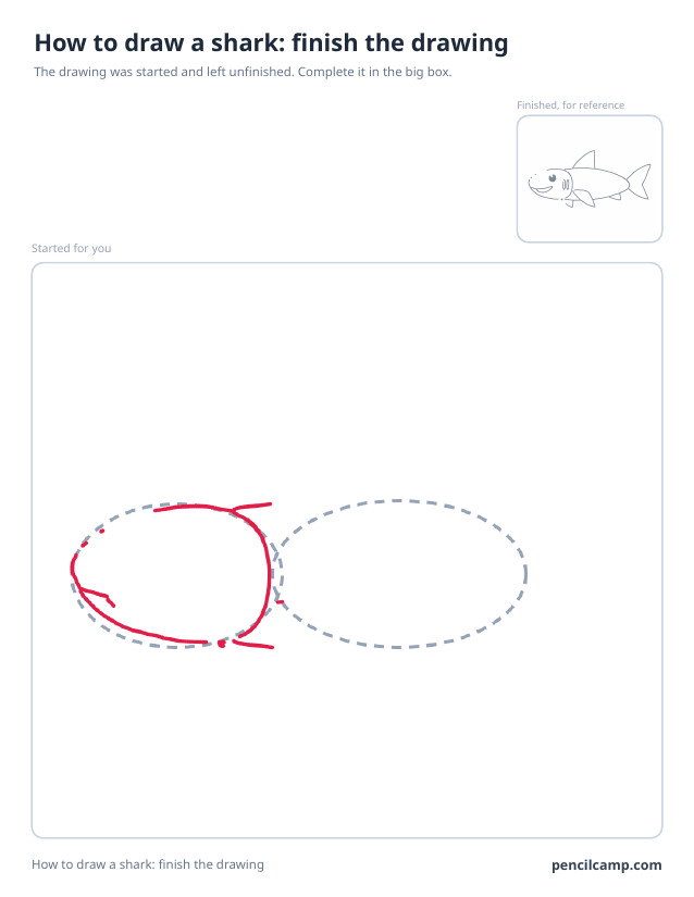 Finish the drawing worksheet: a shark stopped at stage 2 of 7 in a large box, the finished version small in the top right corner