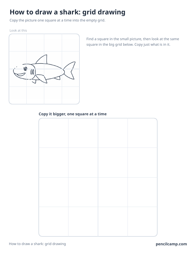 Grid drawing worksheet: a shark under a 4 by 4 grid, touching 8 of the 16 squares, above a larger empty grid