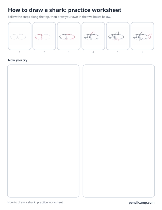 How to draw worksheet for a shark: six of its seven stages along the top, then two empty boxes to draw it in