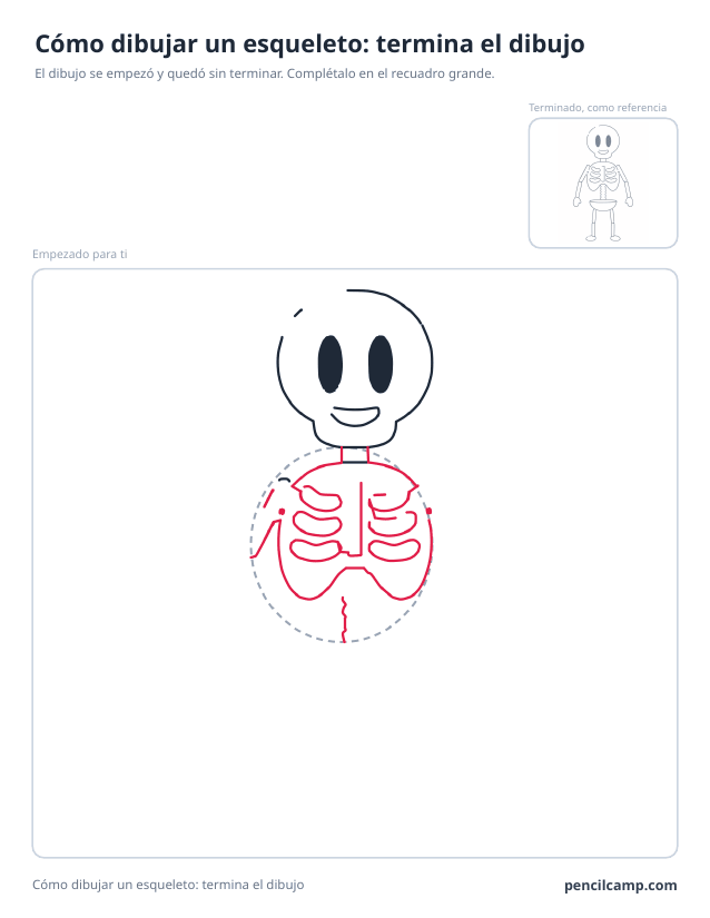 Ficha para terminar el dibujo: el dibujo de un esqueleto parado en la fase 4 de 10 en un recuadro grande, con la versión terminada en pequeño arriba a la derecha