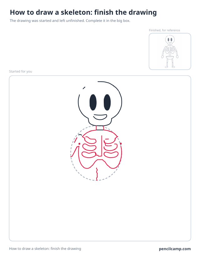 Finish the drawing worksheet: a skeleton stopped at stage 4 of 10 in a large box, the finished version small in the top right corner