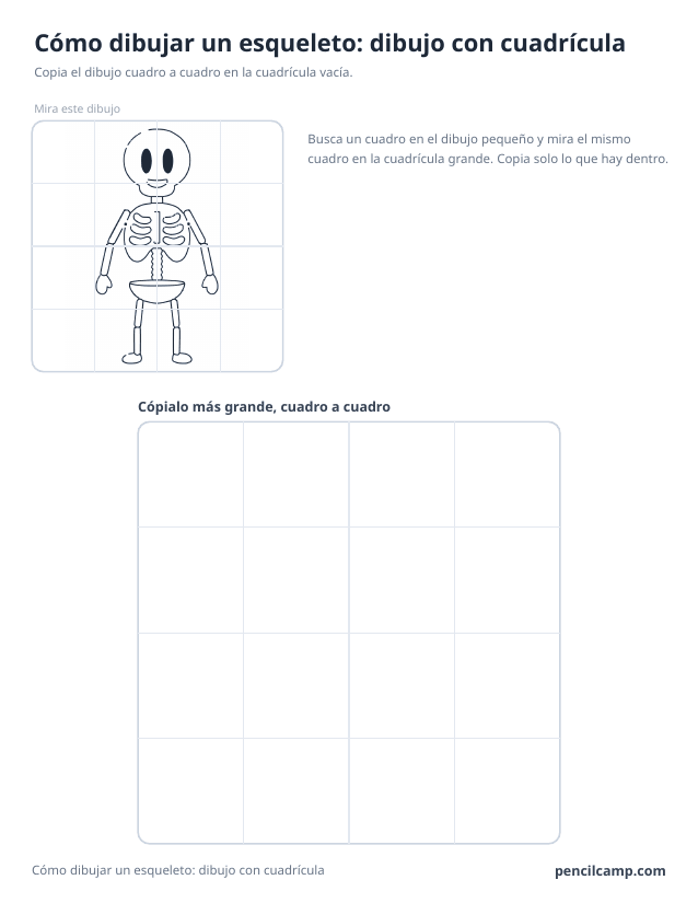 Ficha de cuadrícula: el dibujo de un esqueleto bajo una cuadrícula de 4 por 4, en 8 de los 16 cuadros, y debajo una cuadrícula grande vacía
