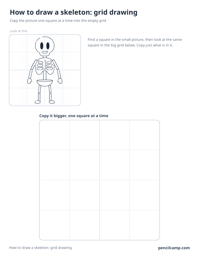 Grid drawing worksheet: a skeleton under a 4 by 4 grid, touching 8 of the 16 squares, above a larger empty grid