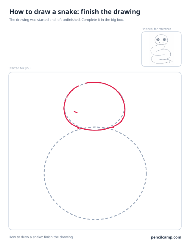 Finish the drawing worksheet: a coiled snake stopped at stage 2 of 7 in a large box, the finished version small in the top right corner
