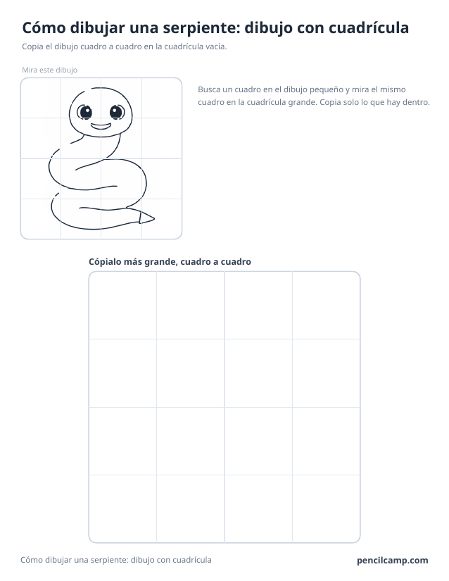 Ficha de cuadrícula: el dibujo de una serpiente enroscada bajo una cuadrícula de 4 por 4, en 13 de los 16 cuadros, y debajo una cuadrícula grande vacía