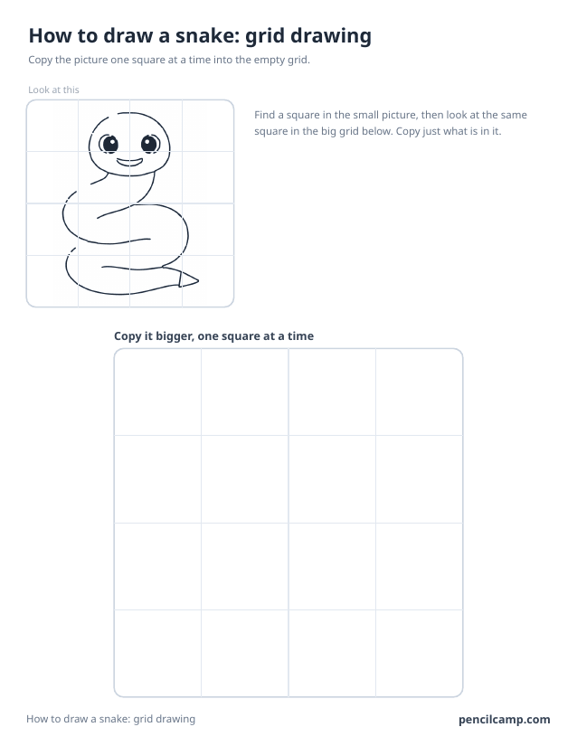Grid drawing worksheet: a coiled snake under a 4 by 4 grid, touching 13 of the 16 squares, above a larger empty grid