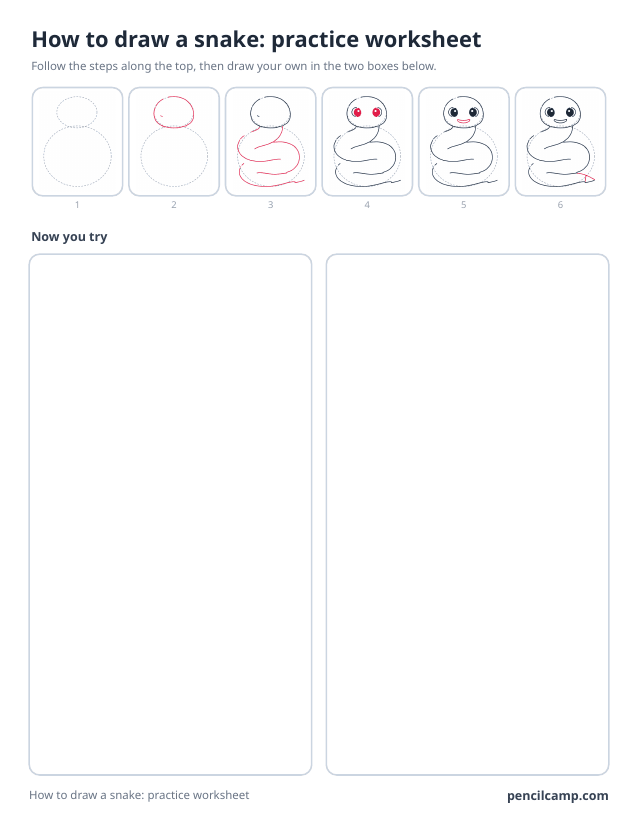 How to draw worksheet for a coiled snake: six of its seven stages along the top, then two empty boxes to draw it in