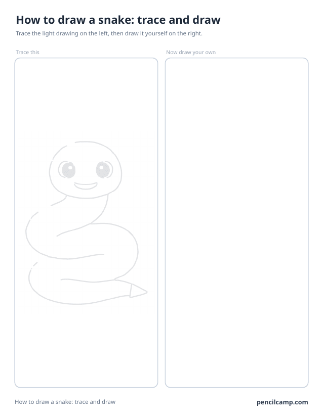 Trace and draw sheet: a coiled snake printed in faint grey on the left, an empty box of the same size on the right