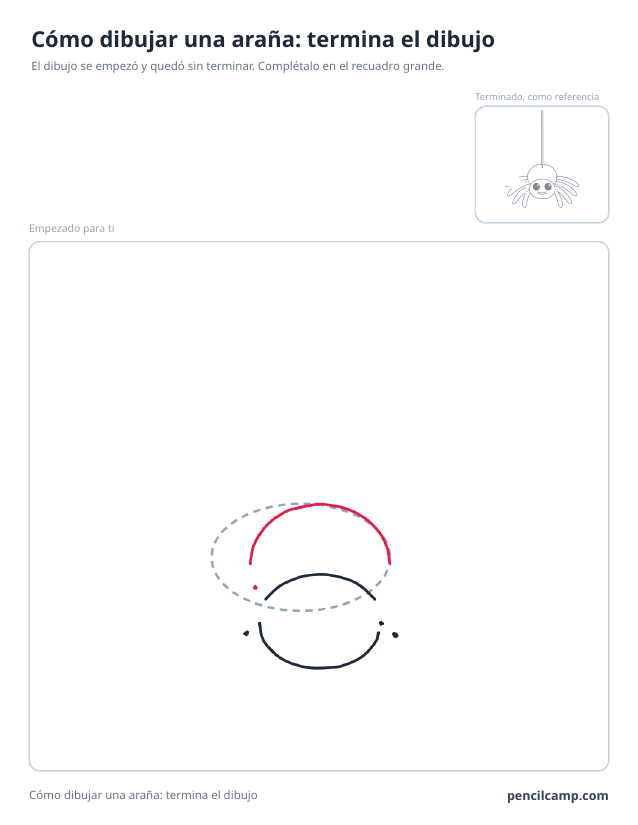 Ficha para terminar el dibujo: el dibujo de una araña colgada de un hilo parado en la fase 3 de 9 en un recuadro grande, con la versión terminada en pequeño arriba a la derecha