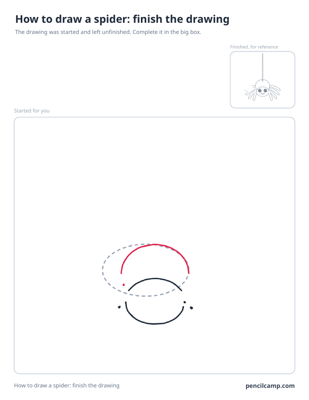 Finish the drawing worksheet: a spider on a thread stopped at stage 3 of 9 in a large box, the finished version small in the top right corner