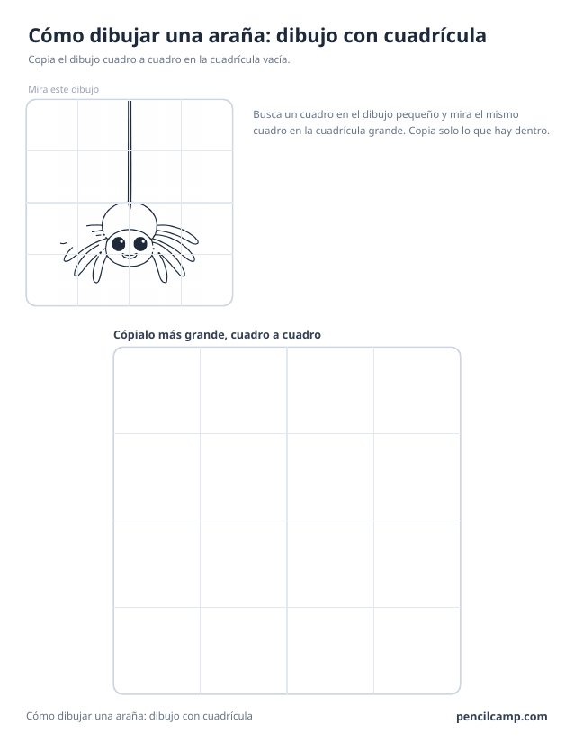 Ficha de cuadrícula: el dibujo de una araña colgada de un hilo bajo una cuadrícula de 4 por 4, en 12 de los 16 cuadros, y debajo una cuadrícula grande vacía