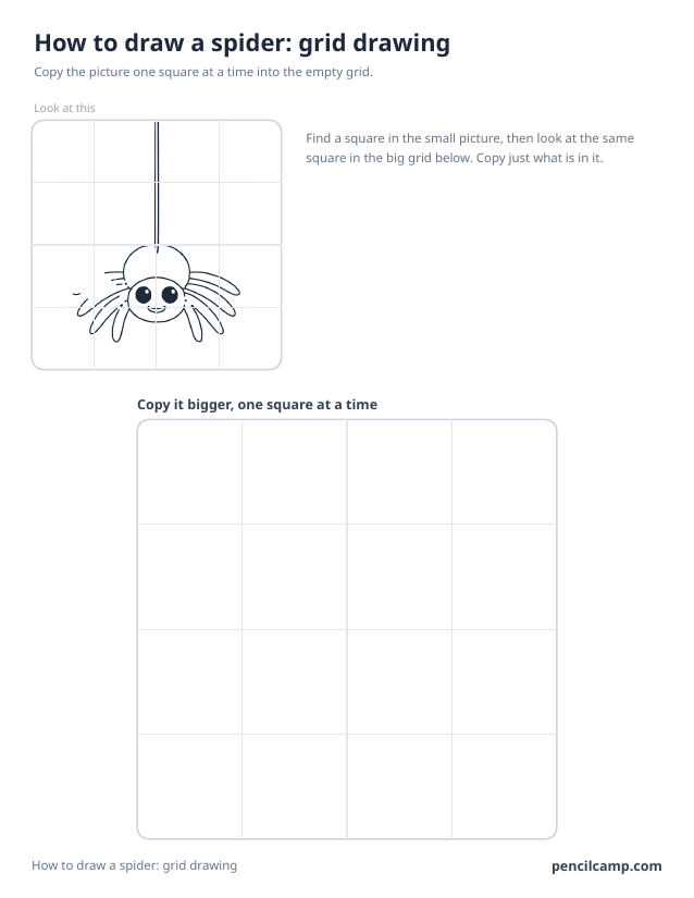 Grid drawing worksheet: a spider on a thread under a 4 by 4 grid, touching 12 of the 16 squares, above a larger empty grid