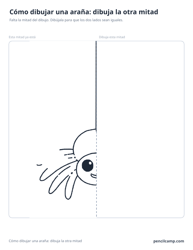 Ficha de simetría: la mitad izquierda del dibujo de una araña colgada de un hilo junto a una línea de espejo discontinua y la mitad derecha en blanco