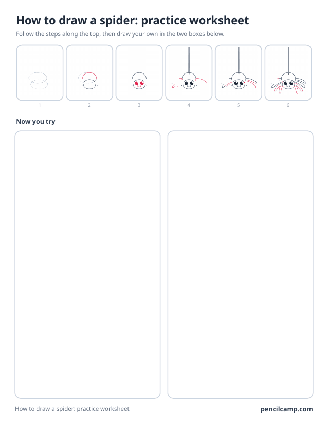 How to draw worksheet for a spider on a thread: six of its nine stages along the top, then two empty boxes to draw it in