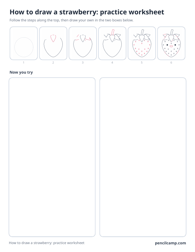 How to draw worksheet for a strawberry: six of its nine stages along the top, then two empty boxes to draw it in