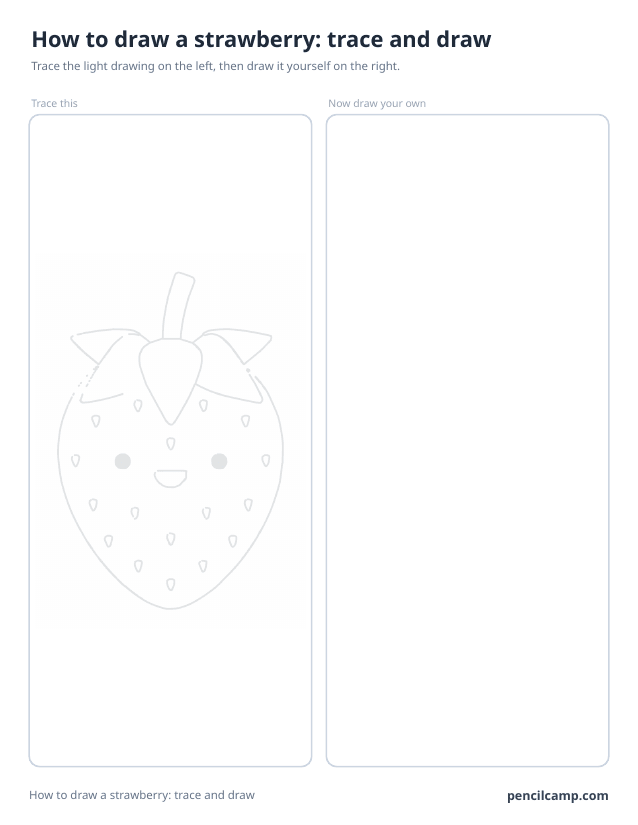 Trace and draw sheet: a strawberry printed in faint grey on the left, an empty box of the same size on the right