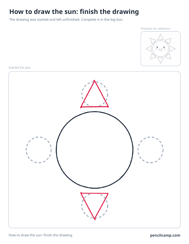 Finish the drawing worksheet: the sun stopped at stage 3 of 8 in a large box, the finished version small in the top right corner