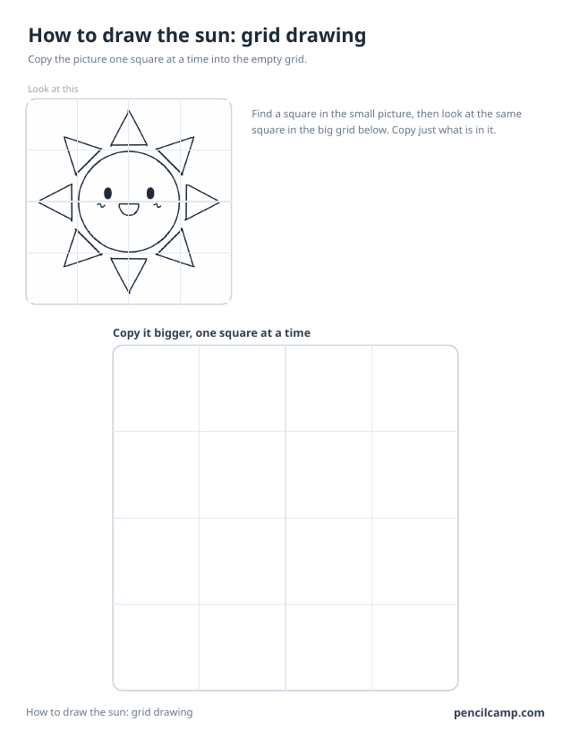 Grid drawing worksheet: the sun under a 4 by 4 grid, touching 16 of the 16 squares, above a larger empty grid