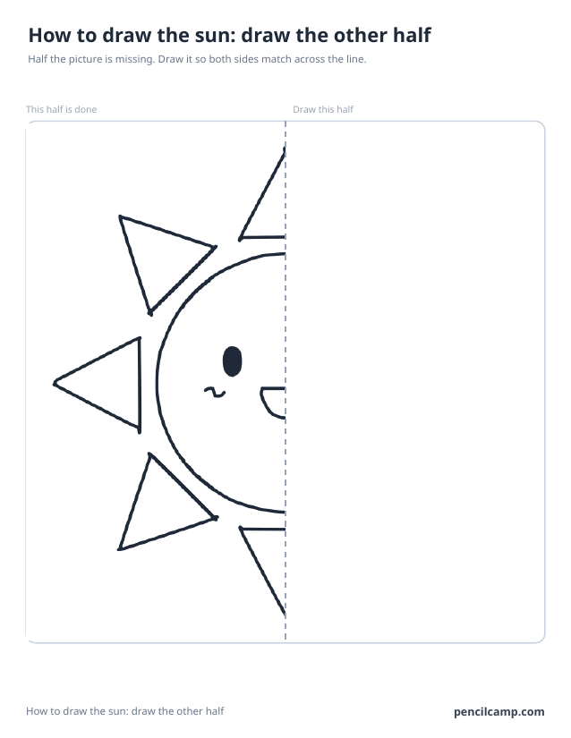 Symmetry worksheet: the left half of the sun beside a dashed mirror line, the right half left blank