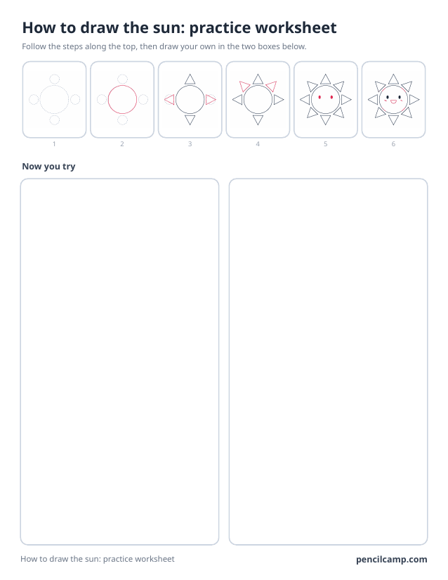 How to draw worksheet for the sun: six of its eight stages along the top, then two empty boxes to draw it in