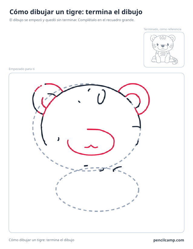 Ficha para terminar el dibujo: el dibujo de un cachorro de tigre parado en la fase 3 de 9 en un recuadro grande, con la versión terminada en pequeño arriba a la derecha