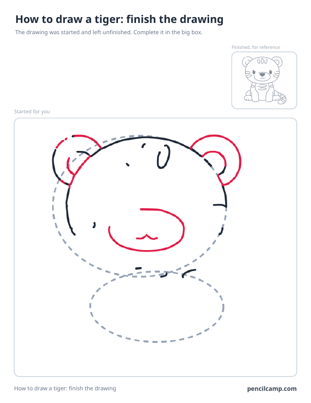 Finish the drawing worksheet: a tiger cub stopped at stage 3 of 9 in a large box, the finished version small in the top right corner