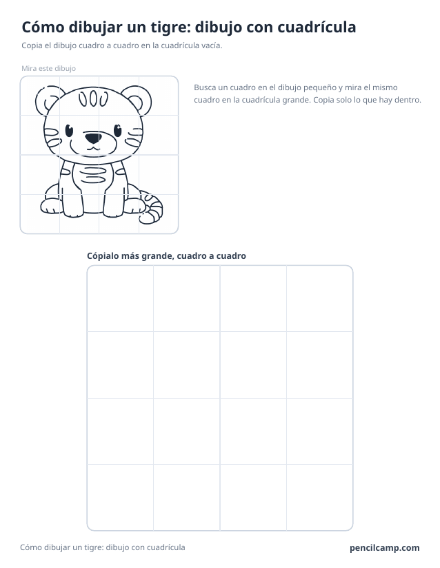 Ficha de cuadrícula: el dibujo de un cachorro de tigre bajo una cuadrícula de 4 por 4, en 16 de los 16 cuadros, y debajo una cuadrícula grande vacía
